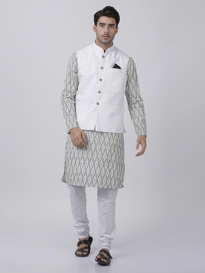 Men's White Cotton Blend Ethnic Jacket, Kurta and Dhoti Pant Set