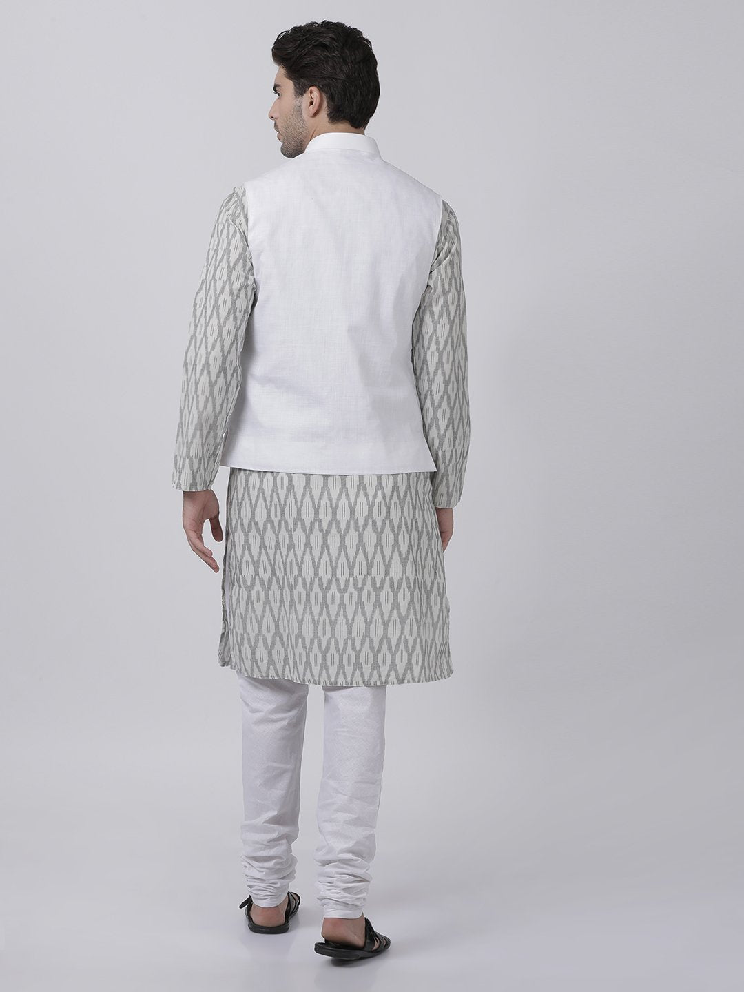 Men's White Cotton Blend Ethnic Jacket, Kurta and Dhoti Pant Set