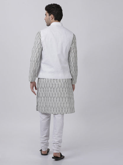 Men's White Cotton Blend Ethnic Jacket, Kurta and Dhoti Pant Set
