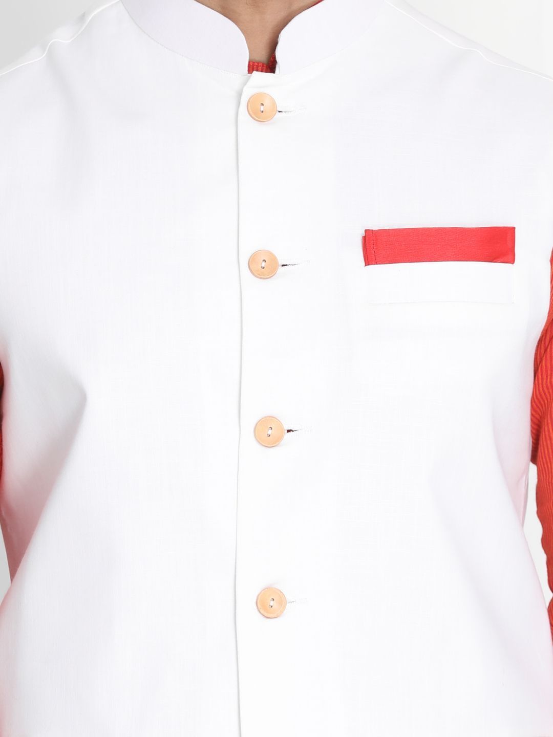 Men's Red Cotton Blend Kurta, Ethnic Jacket and Pyjama Set