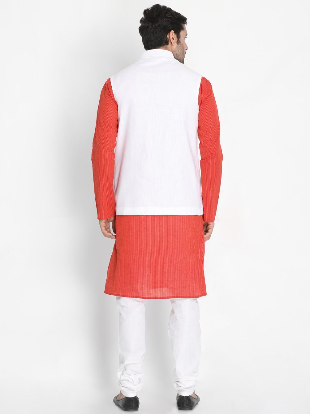 Men's Red Cotton Blend Kurta, Ethnic Jacket and Pyjama Set