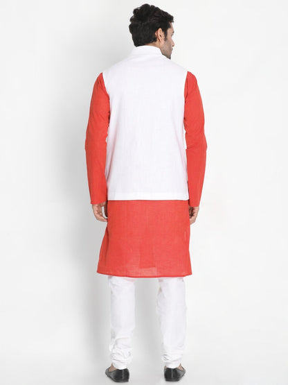 Men's Red Cotton Blend Kurta, Ethnic Jacket and Pyjama Set