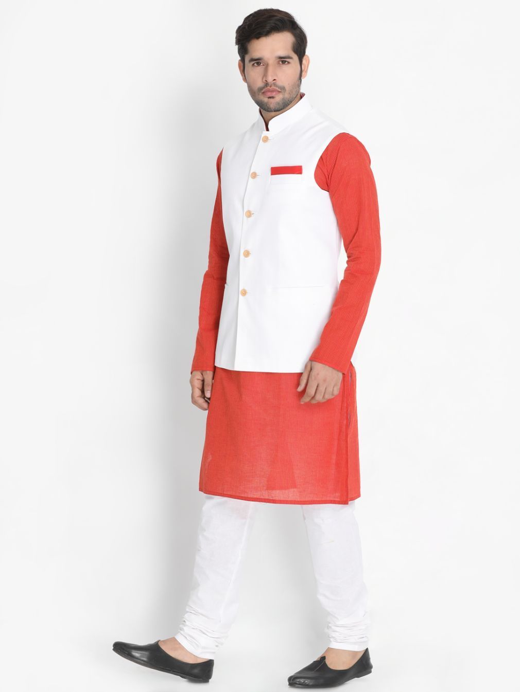 Men's Red Cotton Blend Kurta, Ethnic Jacket and Pyjama Set