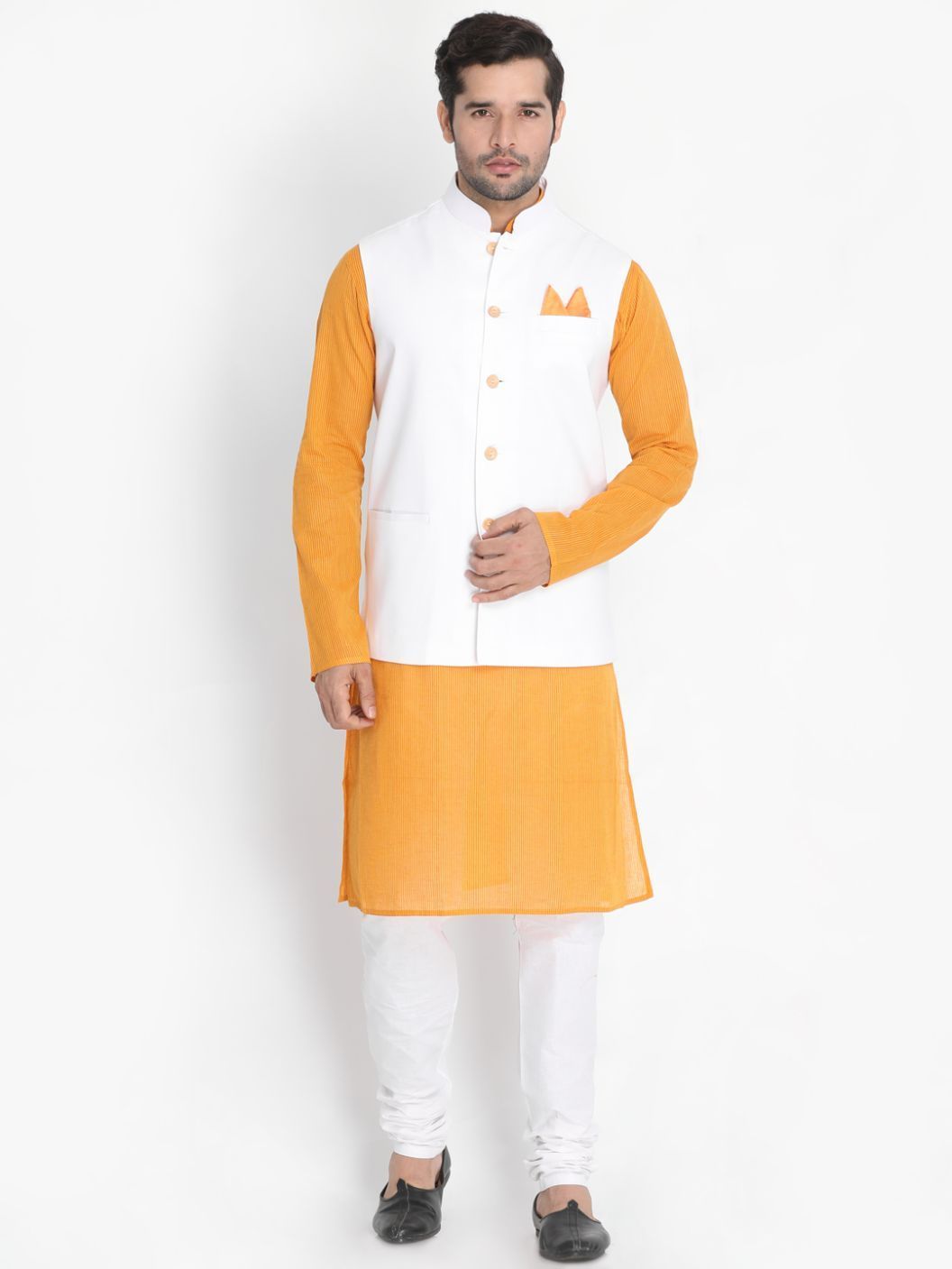 Men's Yellow Cotton Blend Kurta, Ethnic Jacket and Pyjama Set