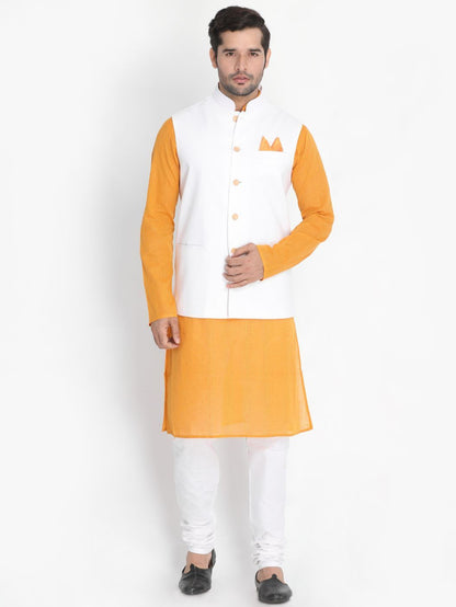 Men's Yellow Cotton Blend Kurta, Ethnic Jacket and Pyjama Set