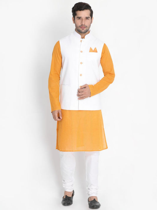 Men's Yellow Cotton Blend Kurta, Ethnic Jacket and Pyjama Set