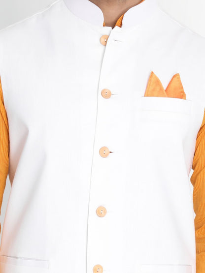 Men's Yellow Cotton Blend Kurta, Ethnic Jacket and Pyjama Set