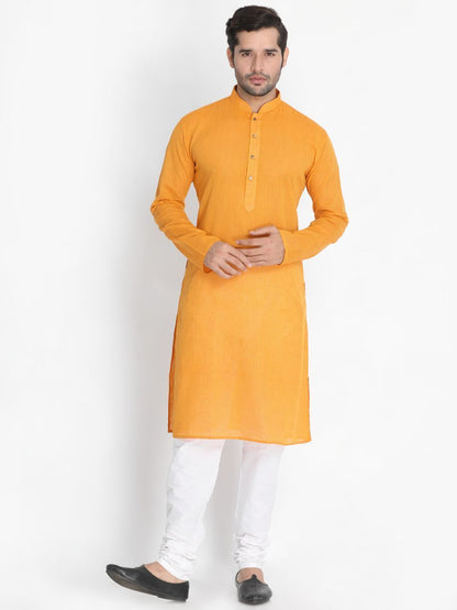 Men's Yellow Cotton Blend Kurta, Ethnic Jacket and Pyjama Set