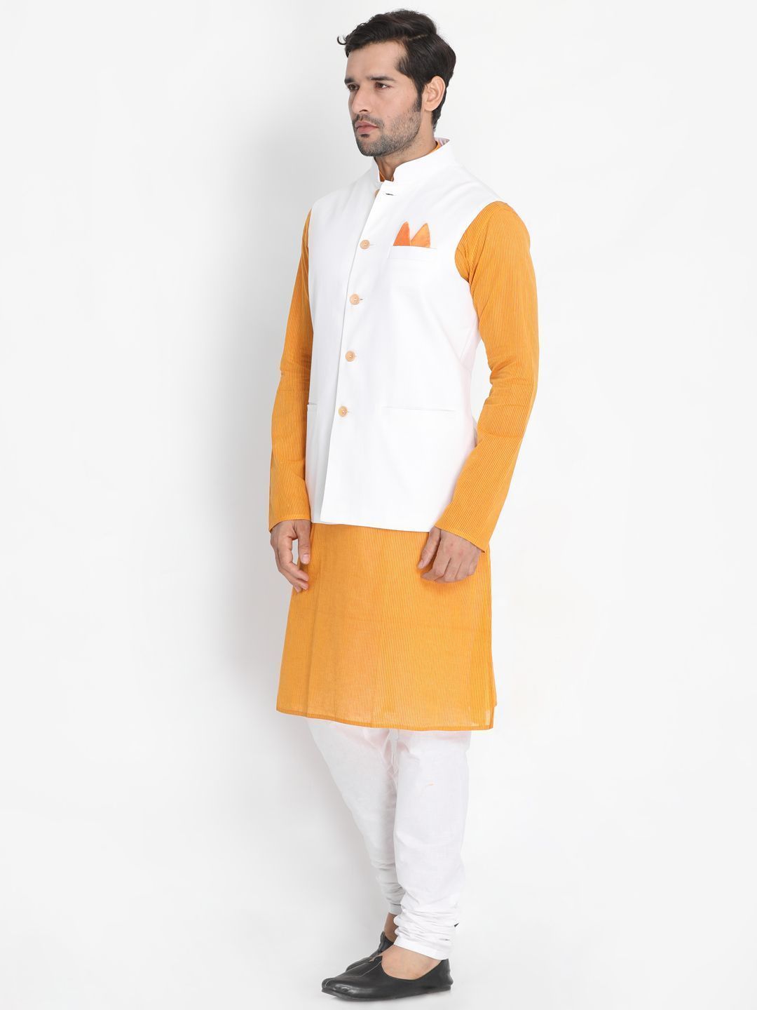 Men's Yellow Cotton Blend Kurta, Ethnic Jacket and Pyjama Set