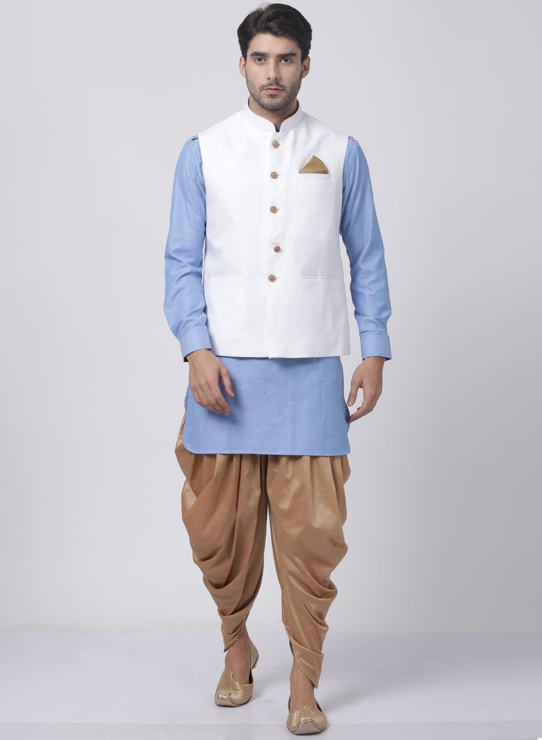 Men's Blue Cotton Blend Ethnic Jacket, Kurta and Dhoti Pant Set
