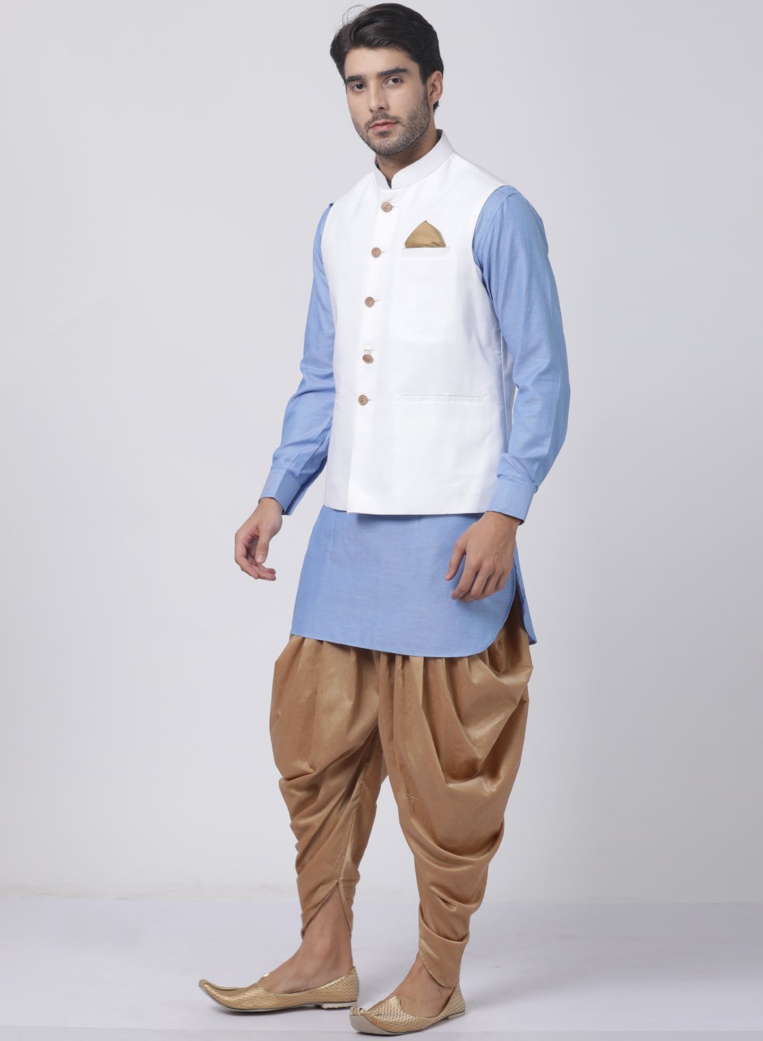 Men's Blue Cotton Blend Ethnic Jacket, Kurta and Dhoti Pant Set