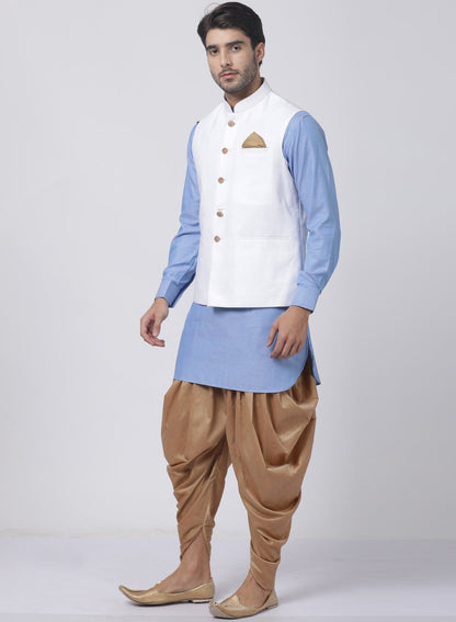 Men's Blue Cotton Blend Ethnic Jacket, Kurta and Dhoti Pant Set