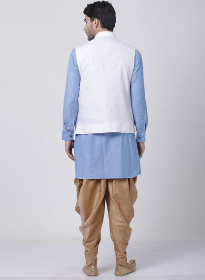 Men's Blue Cotton Blend Ethnic Jacket, Kurta and Dhoti Pant Set