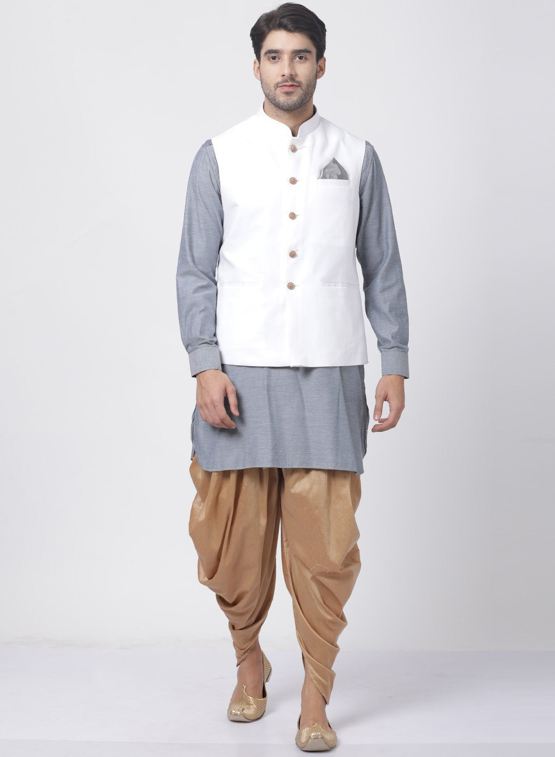 Men's Grey Cotton Blend Ethnic Jacket, Kurta and Dhoti Pant Set
