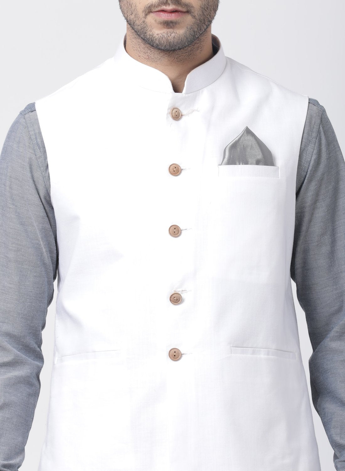 Men's Grey Cotton Blend Ethnic Jacket, Kurta and Dhoti Pant Set