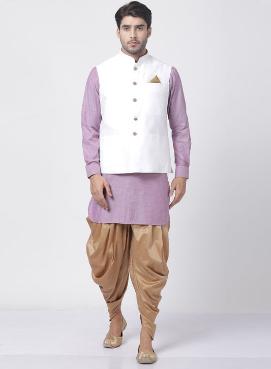 Men's Purple Cotton Blend Ethnic Jacket, Kurta and Dhoti Pant Set