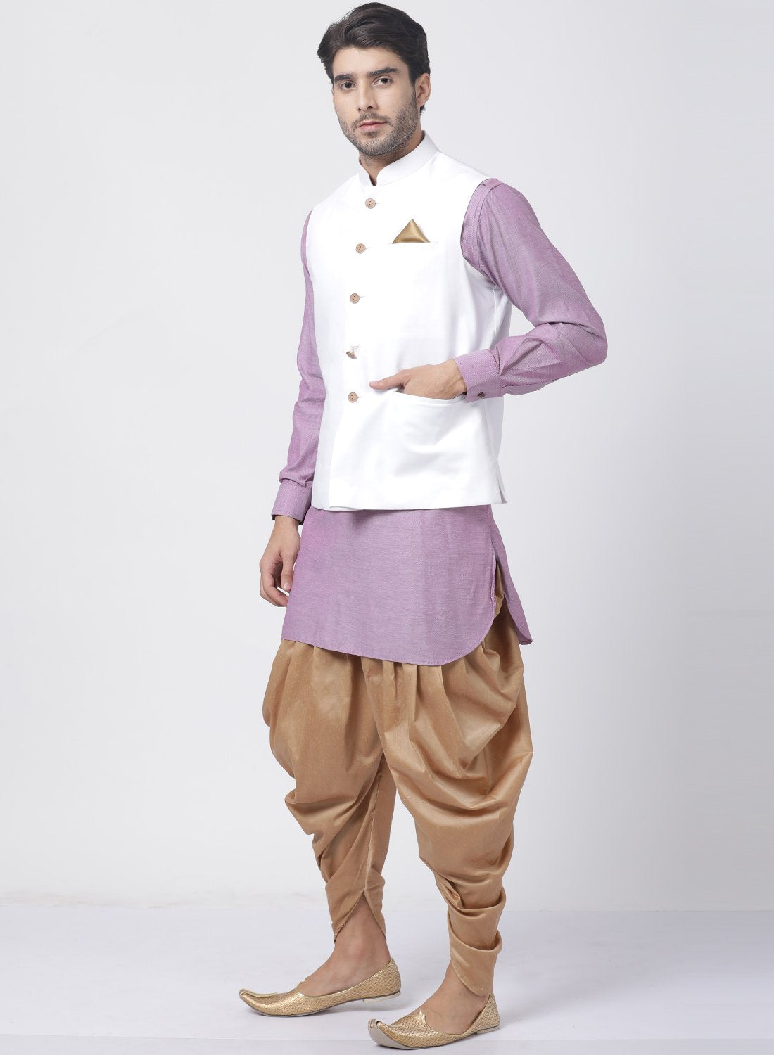 Men's Purple Cotton Blend Ethnic Jacket, Kurta and Dhoti Pant Set
