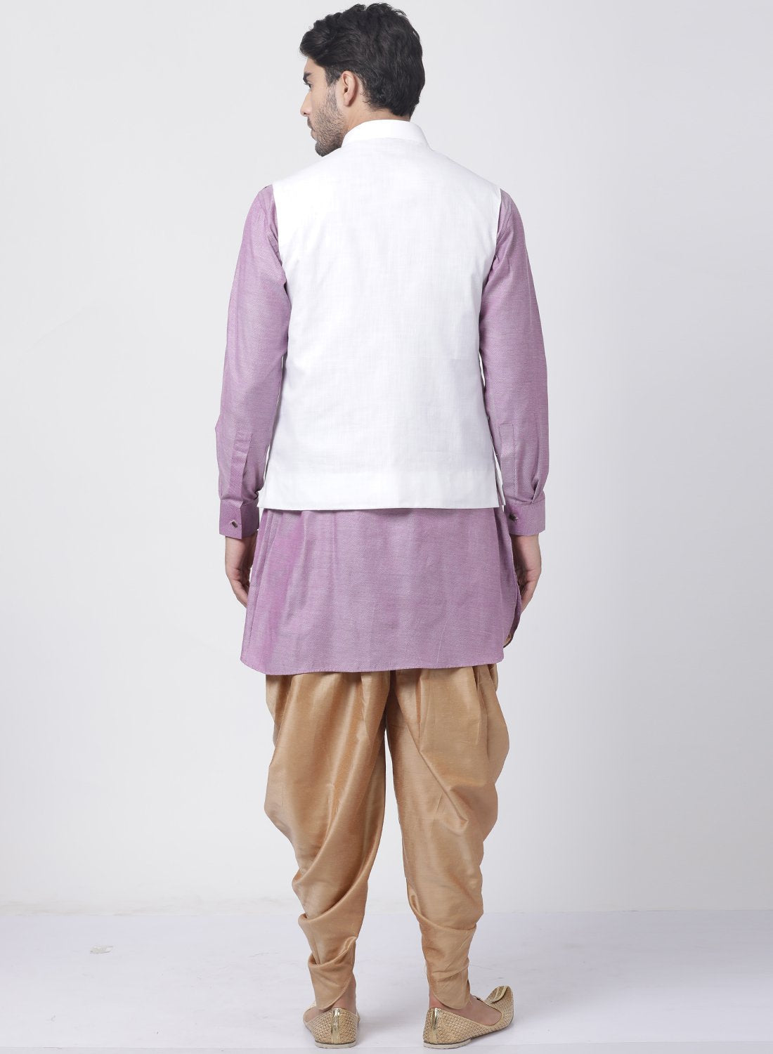 Men's Purple Cotton Blend Ethnic Jacket, Kurta and Dhoti Pant Set