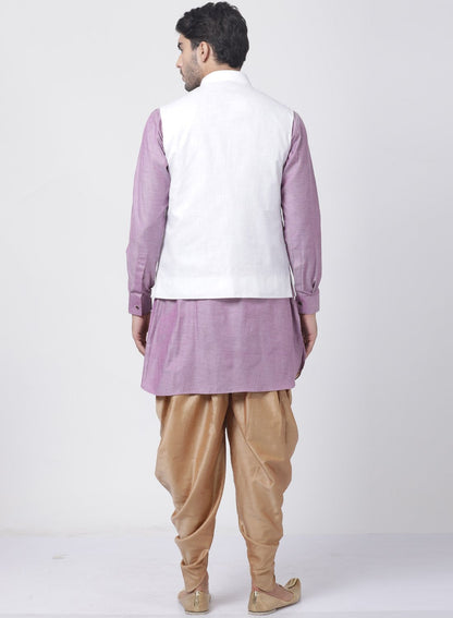 Men's Purple Cotton Blend Ethnic Jacket, Kurta and Dhoti Pant Set
