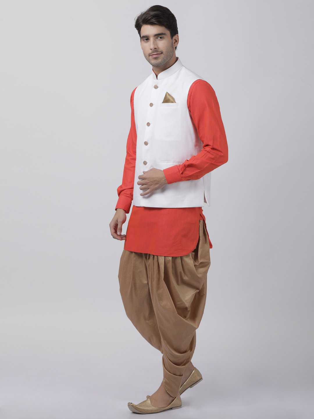 Men's Red Cotton Blend Ethnic Jacket, Kurta and Dhoti Pant Set