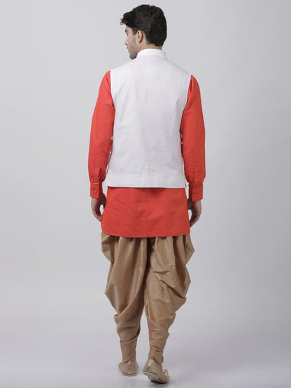 Men's Red Cotton Blend Ethnic Jacket, Kurta and Dhoti Pant Set