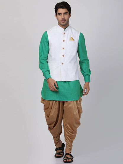 Men's Green Cotton Blend Ethnic Jacket, Kurta and Dhoti Pant Set