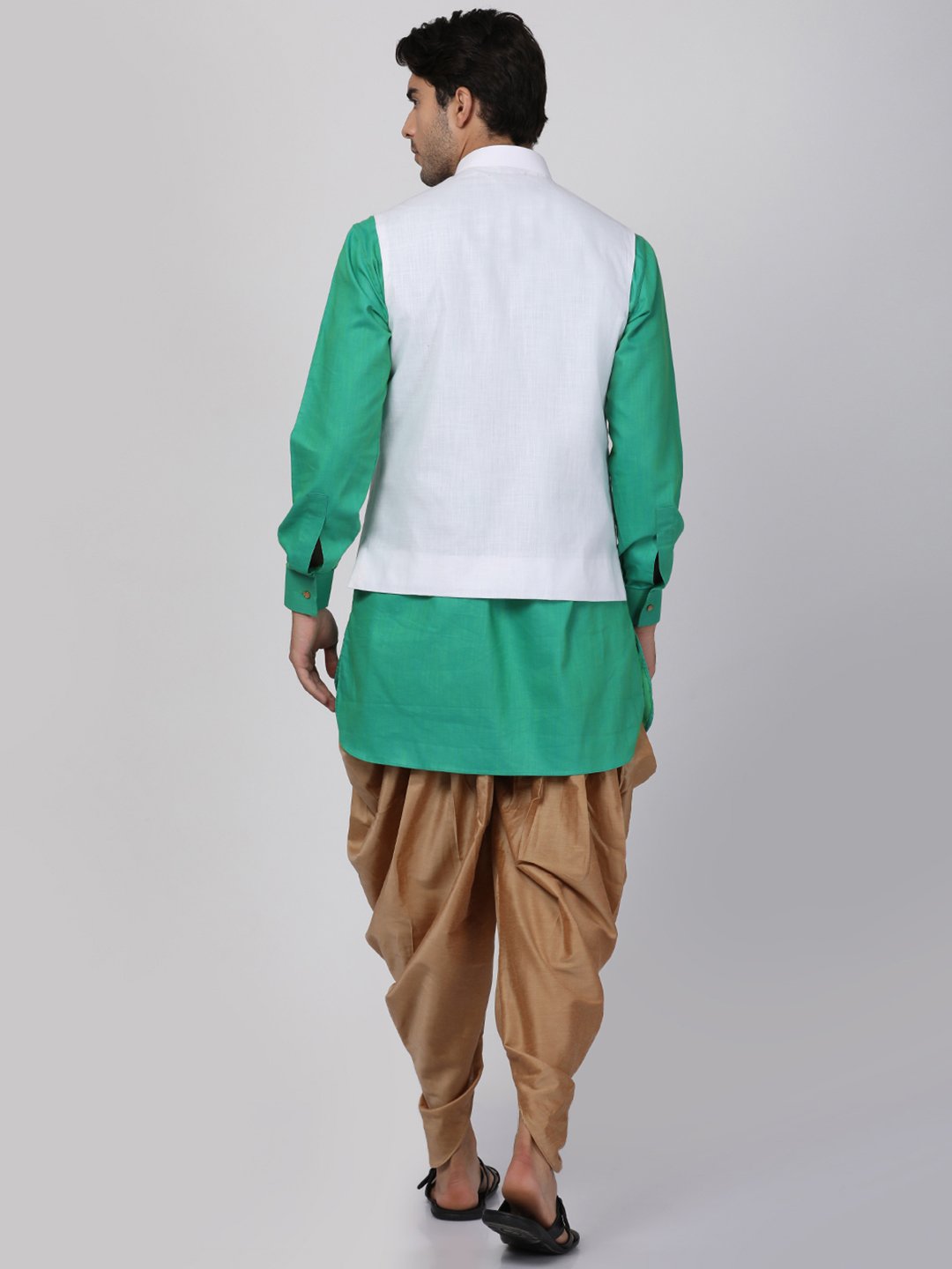 Men's Green Cotton Blend Ethnic Jacket, Kurta and Dhoti Pant Set