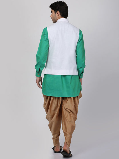 Men's Green Cotton Blend Ethnic Jacket, Kurta and Dhoti Pant Set