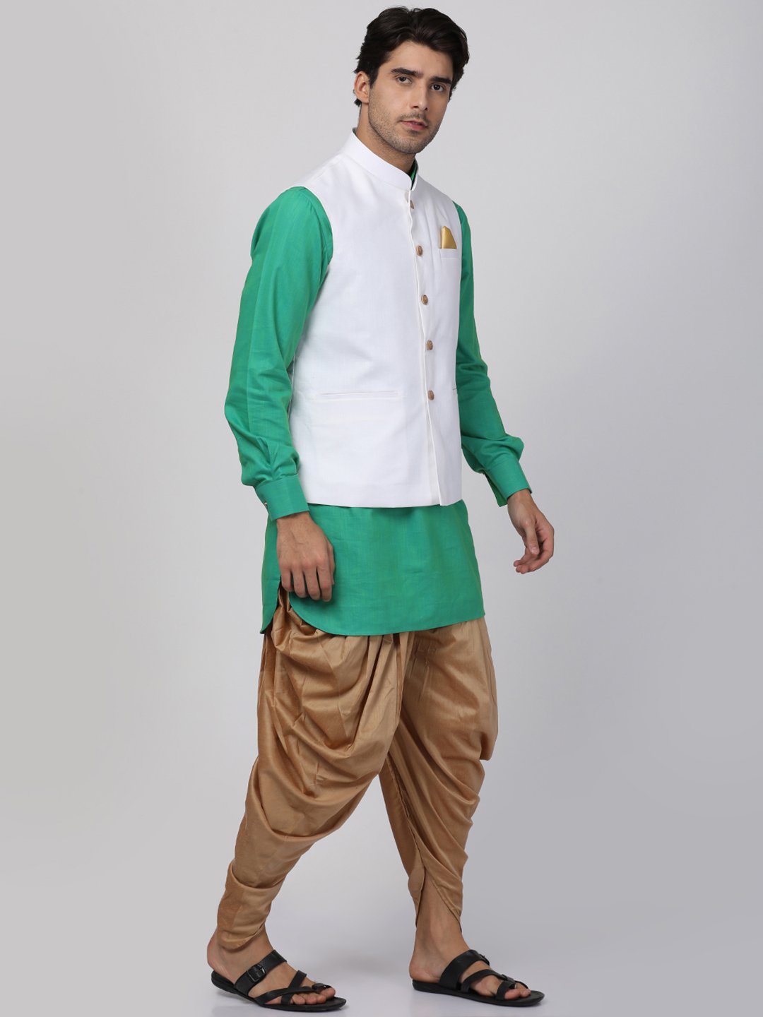 Men's Green Cotton Blend Ethnic Jacket, Kurta and Dhoti Pant Set