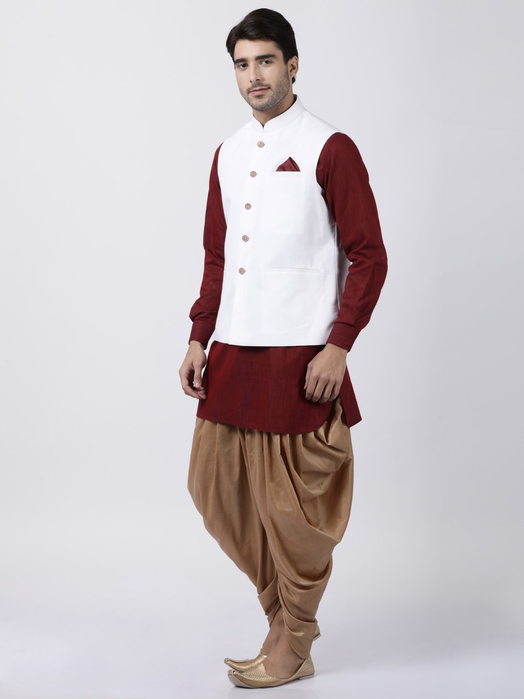 Men's Maroon Cotton Blend Ethnic Jacket, Kurta and Dhoti Pant Set