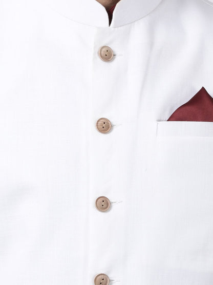 Men's Maroon Cotton Blend Ethnic Jacket, Kurta and Dhoti Pant Set