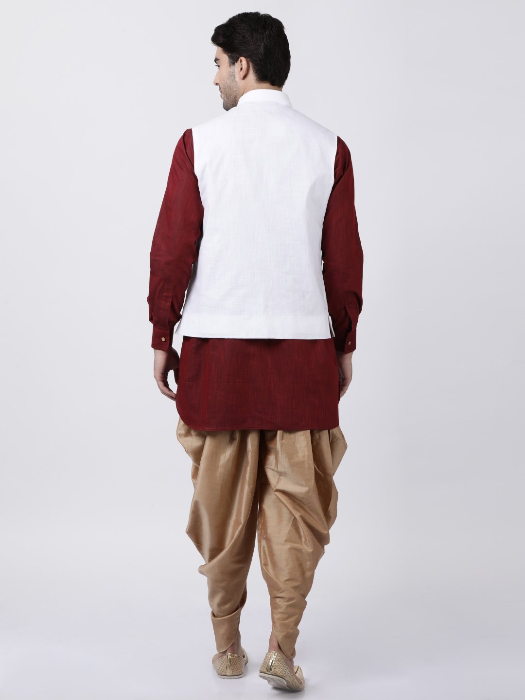 Men's Maroon Cotton Blend Ethnic Jacket, Kurta and Dhoti Pant Set