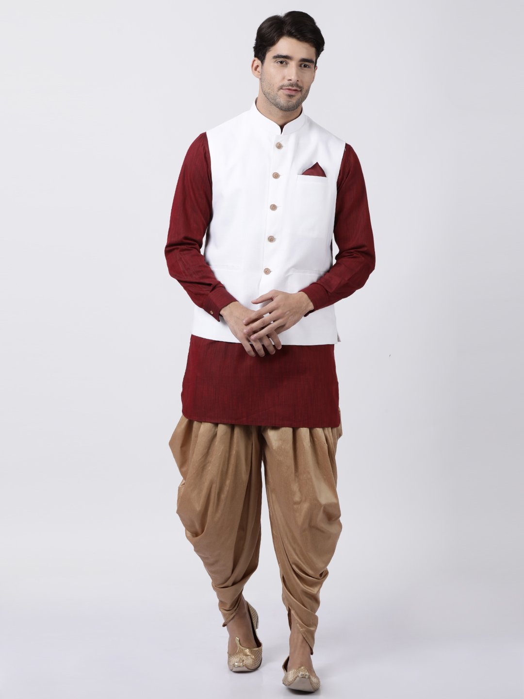 Men's Maroon Cotton Blend Ethnic Jacket, Kurta and Dhoti Pant Set