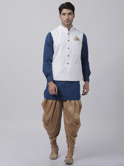 Men's Dark Blue Cotton Blend Ethnic Jacket, Kurta and Dhoti Pant Set