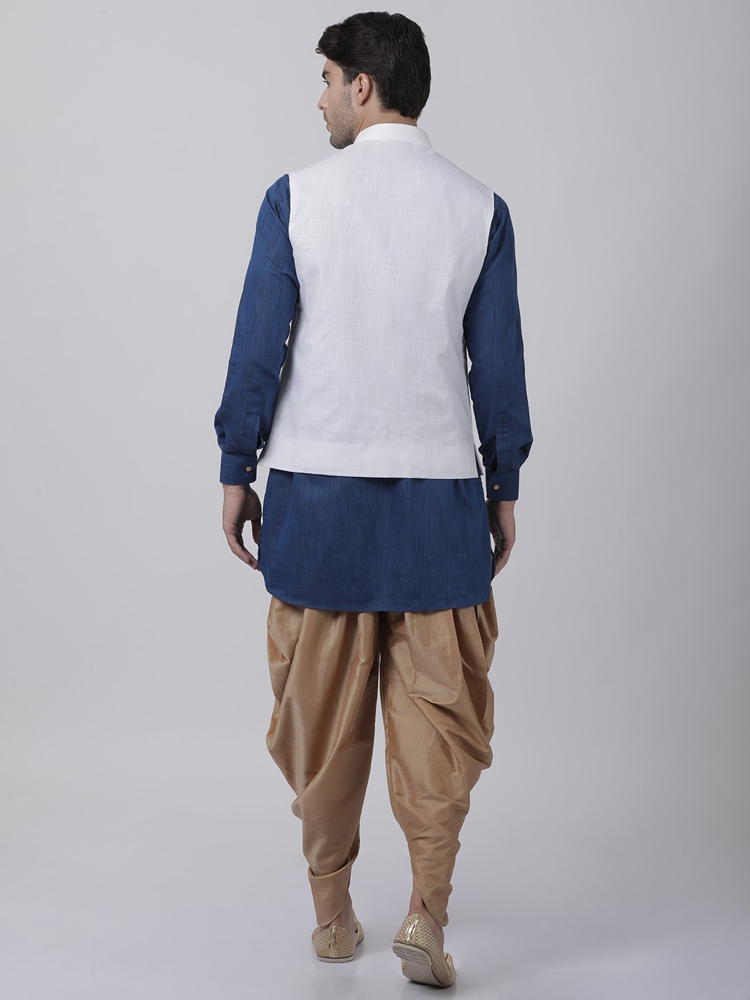 Men's Dark Blue Cotton Blend Ethnic Jacket, Kurta and Dhoti Pant Set