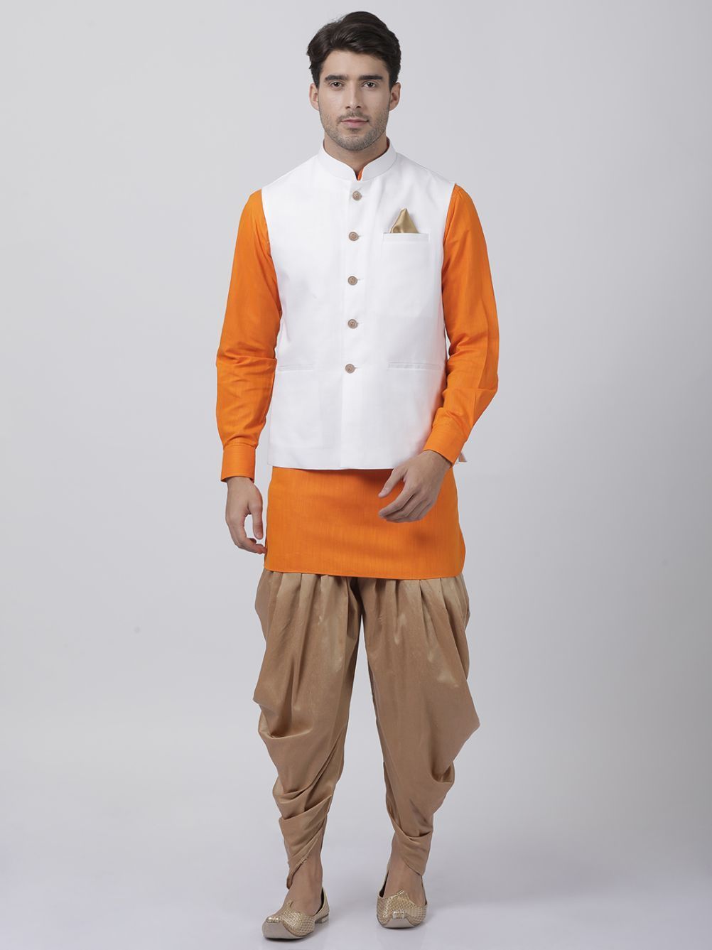 Men's Orange Cotton Blend Ethnic Jacket, Kurta and Dhoti Pant Set
