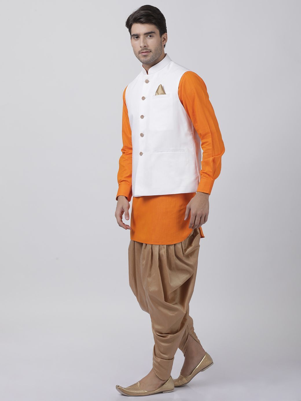 Men's Orange Cotton Blend Ethnic Jacket, Kurta and Dhoti Pant Set