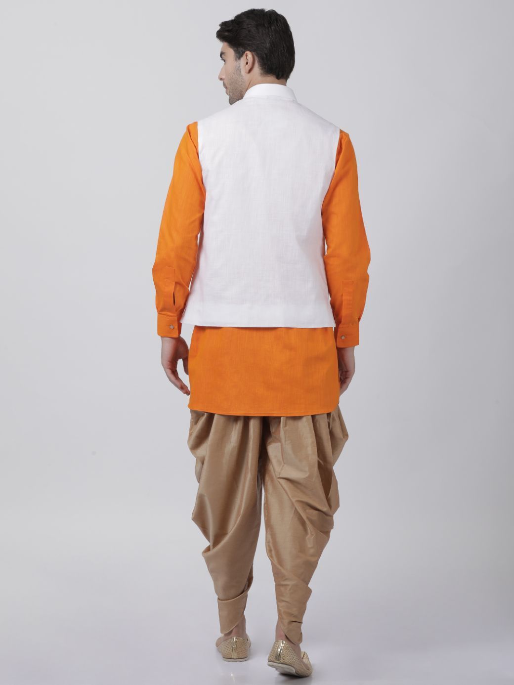 Men's Orange Cotton Blend Ethnic Jacket, Kurta and Dhoti Pant Set