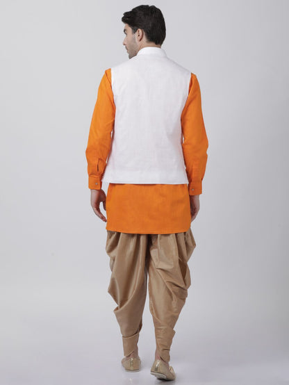 Men's Orange Cotton Blend Ethnic Jacket, Kurta and Dhoti Pant Set