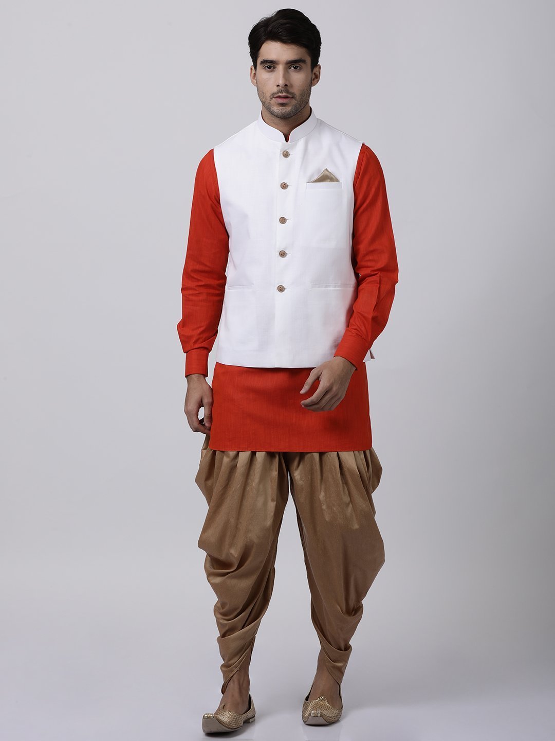 Men's Red Cotton Blend Ethnic Jacket, Kurta and Dhoti Pant Set
