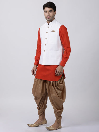 Men's Red Cotton Blend Ethnic Jacket, Kurta and Dhoti Pant Set