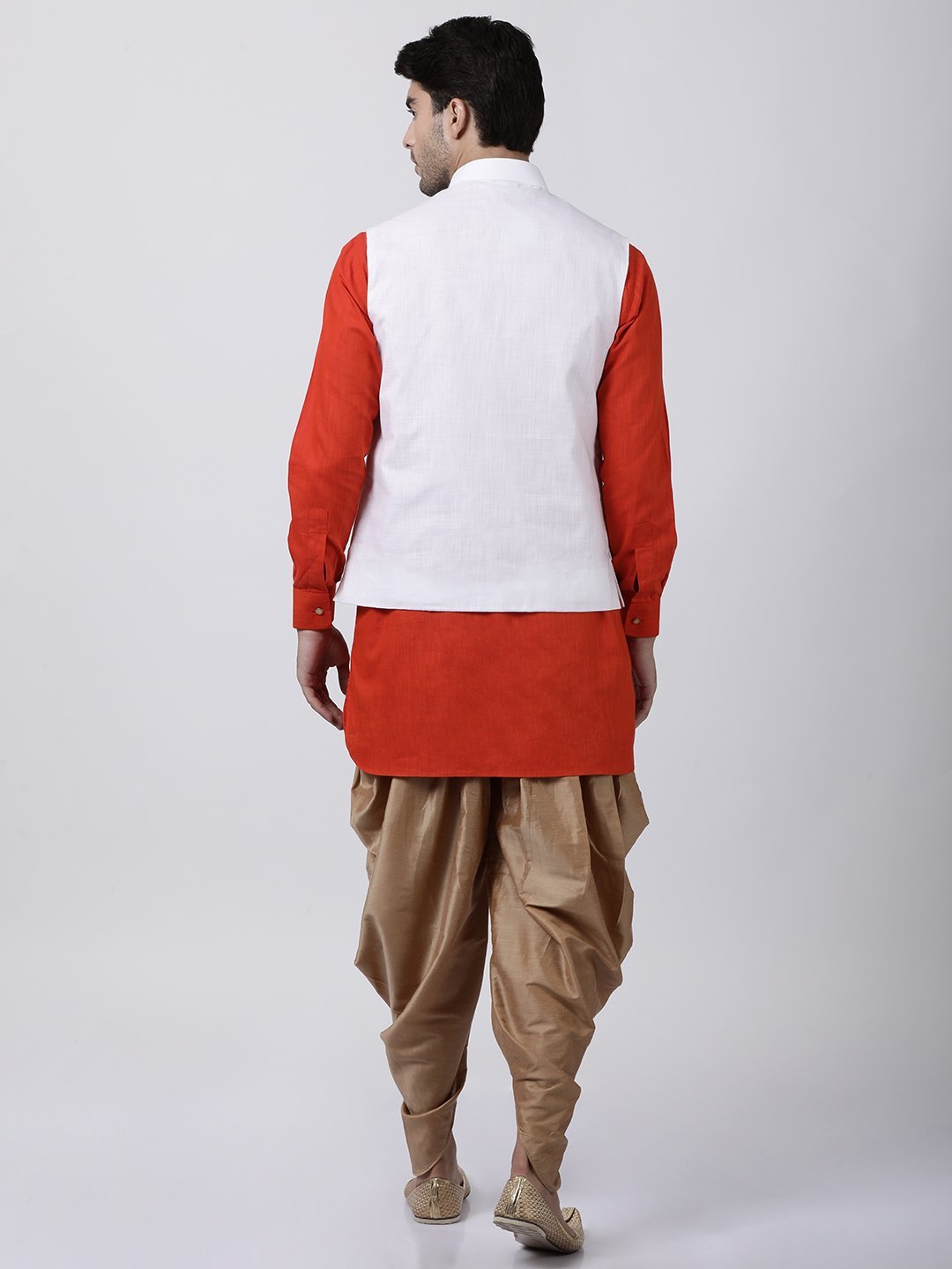 Men's Red Cotton Blend Ethnic Jacket, Kurta and Dhoti Pant Set