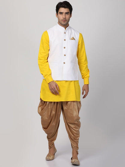 Men's Yellow Cotton Blend Ethnic Jacket, Kurta and Dhoti Pant Set