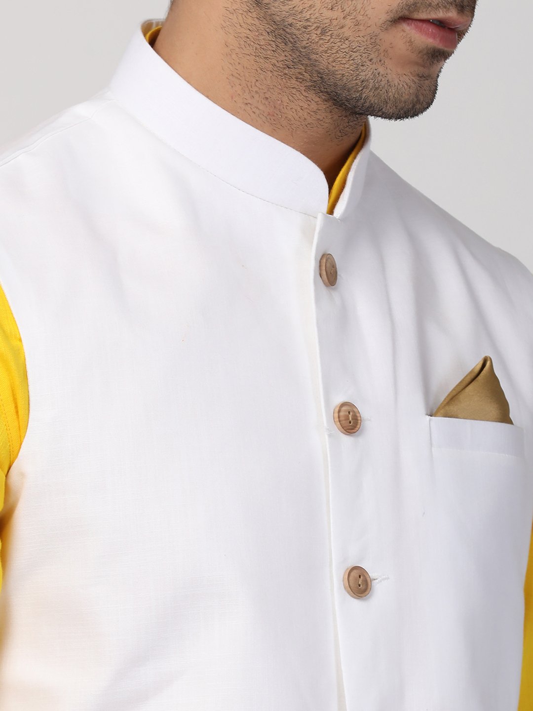 Men's Yellow Cotton Blend Ethnic Jacket, Kurta and Dhoti Pant Set