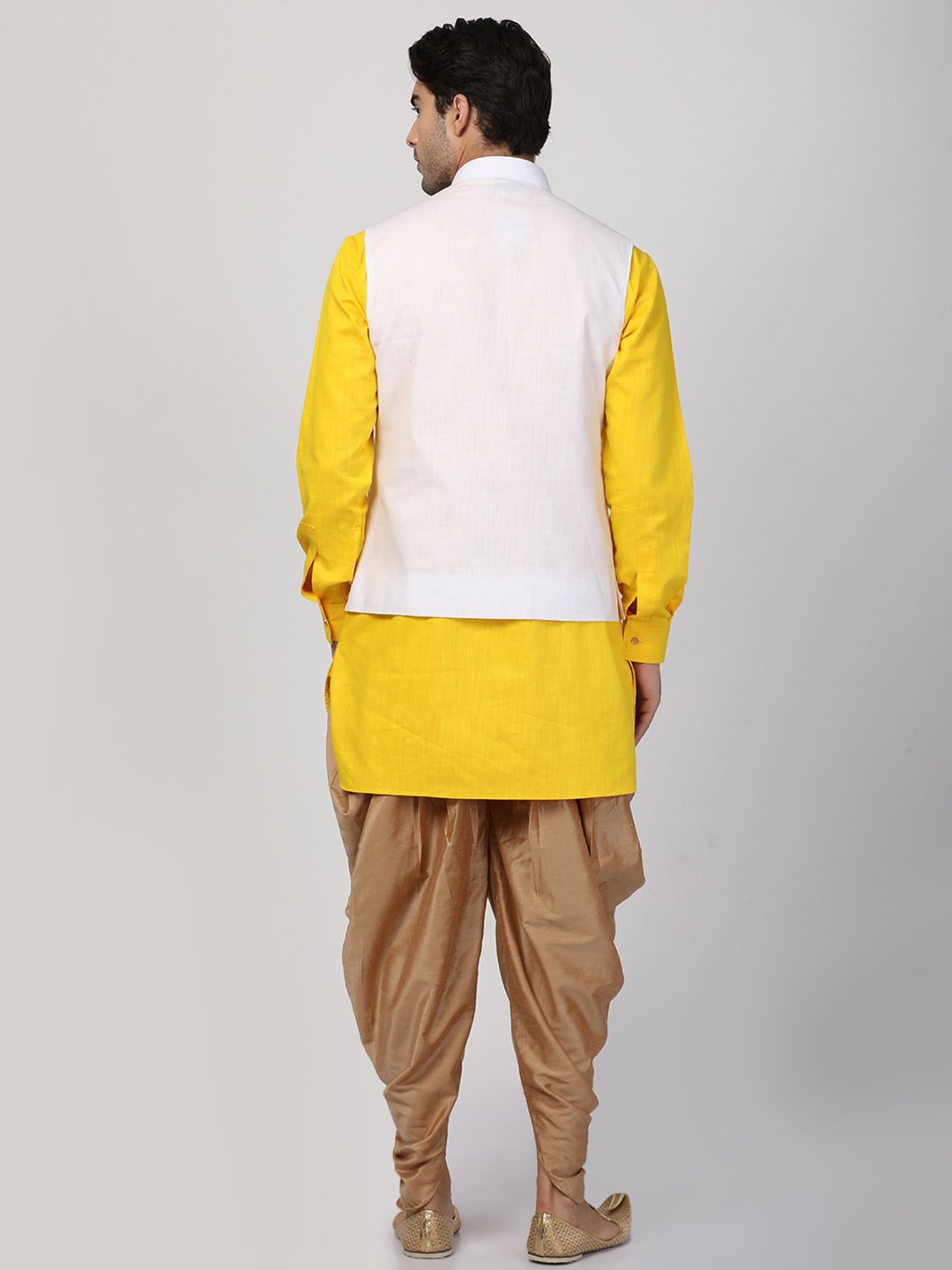Men's Yellow Cotton Blend Ethnic Jacket, Kurta and Dhoti Pant Set