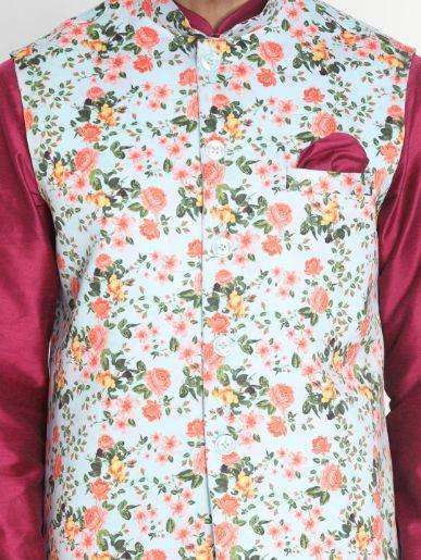Men's Purple Cotton Blend Kurta, Ethnic Jacket and Pyjama Set