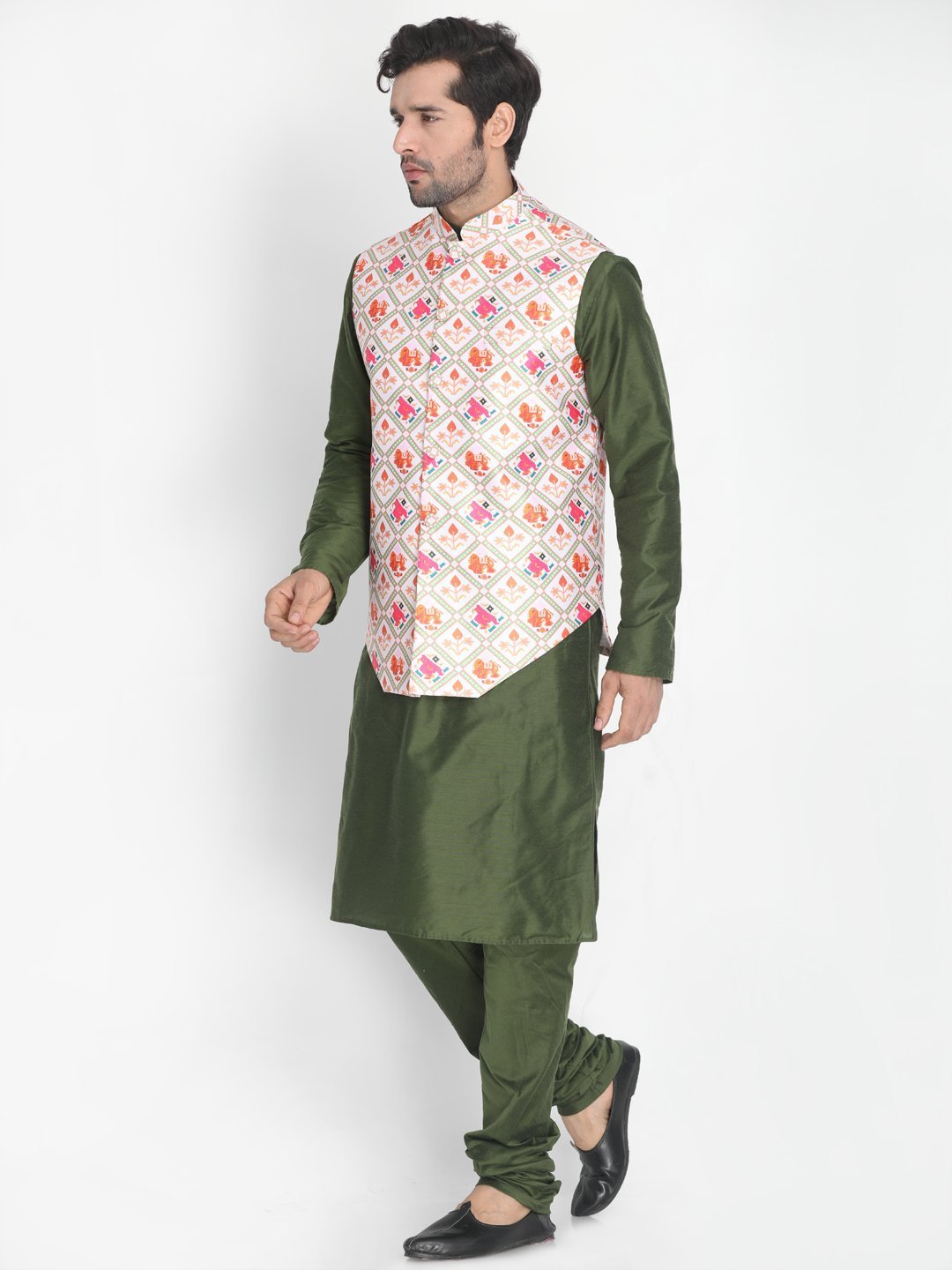 Men's Purple Cotton Blend Kurta, Ethnic Jacket and Pyjama Set