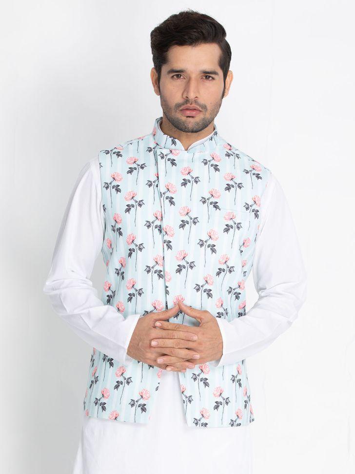 Men's Light Green Cotton Blend Ethnic Jacket