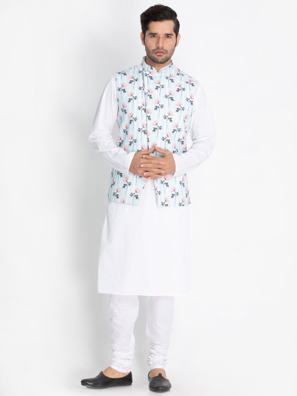 Men's White Cotton Blend Kurta, Ethnic Jacket and Pyjama Set