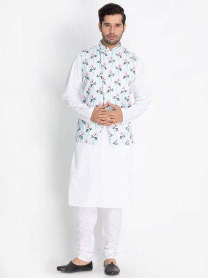 Men's White Cotton Blend Kurta, Ethnic Jacket and Pyjama Set